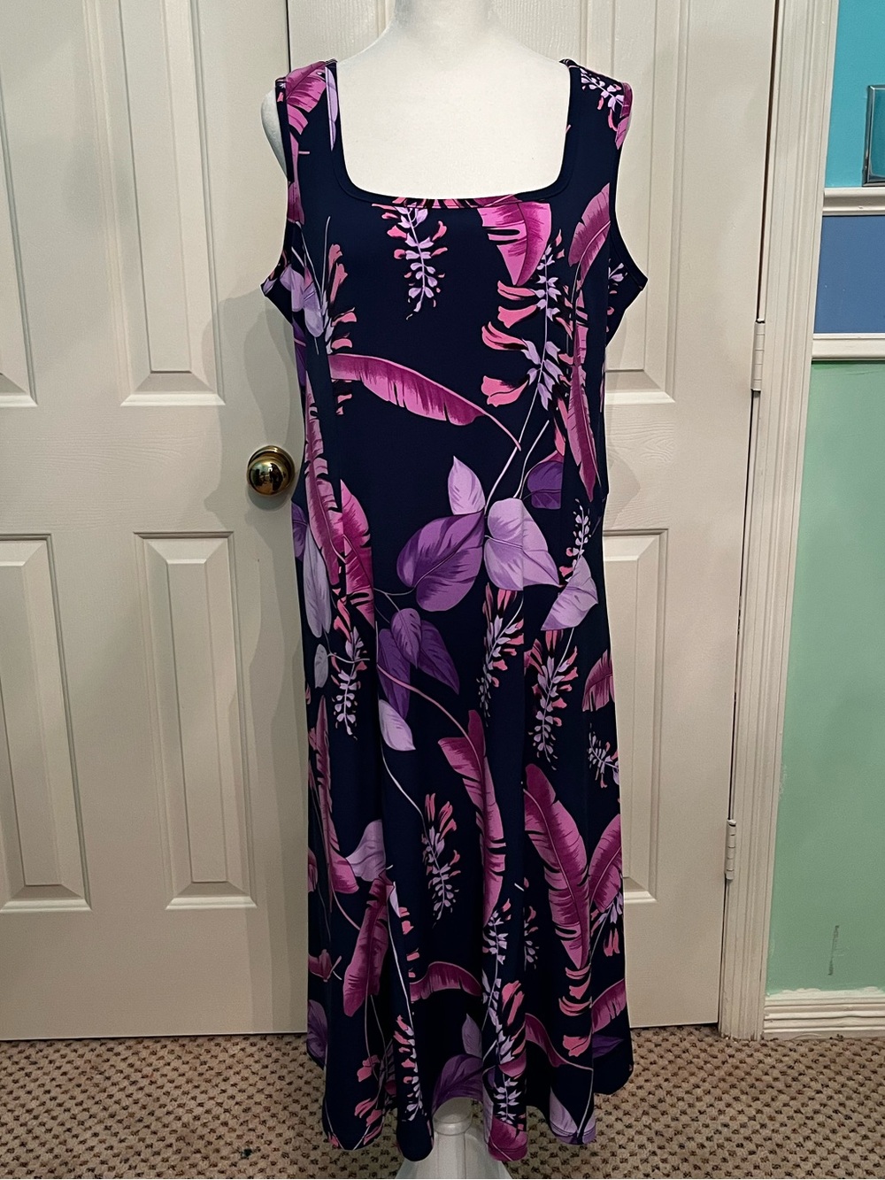 Susan Graver Navy Maxi Dress with Pink & Purple Leaf Print